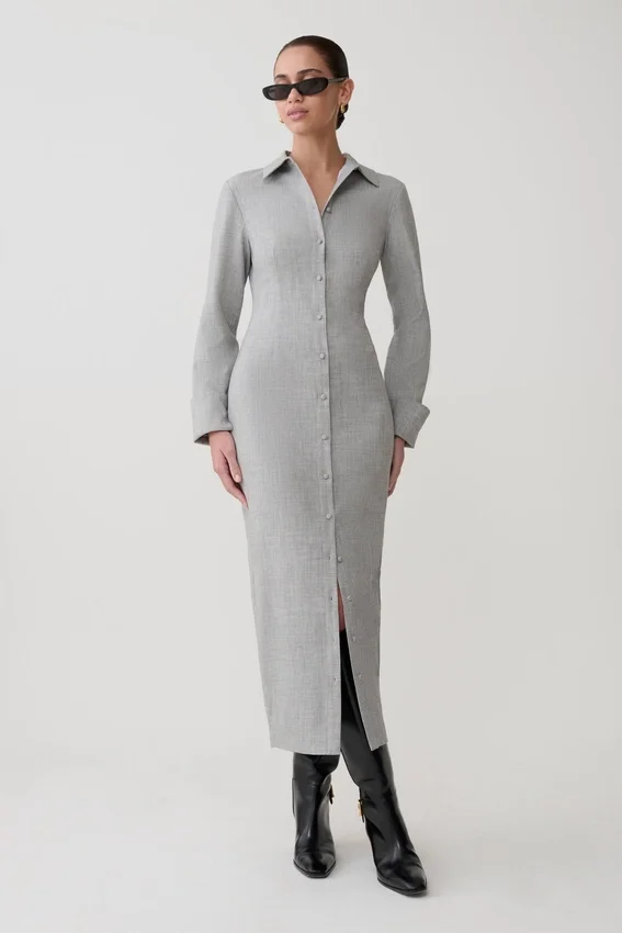 Dorian Fitted Shirt Midi Dress – Charcoal Marle Dorian Fitted Shirt Midi Dress – Charcoal Marle