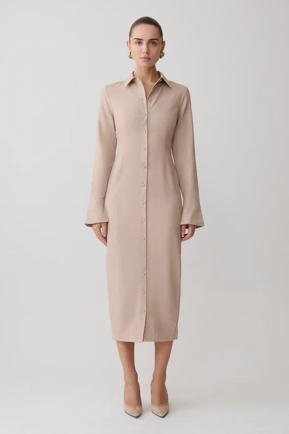Dorian Fitted Shirt Midi Dress – Wheat Marle Dorian Fitted Shirt Midi Dress – Wheat Marle