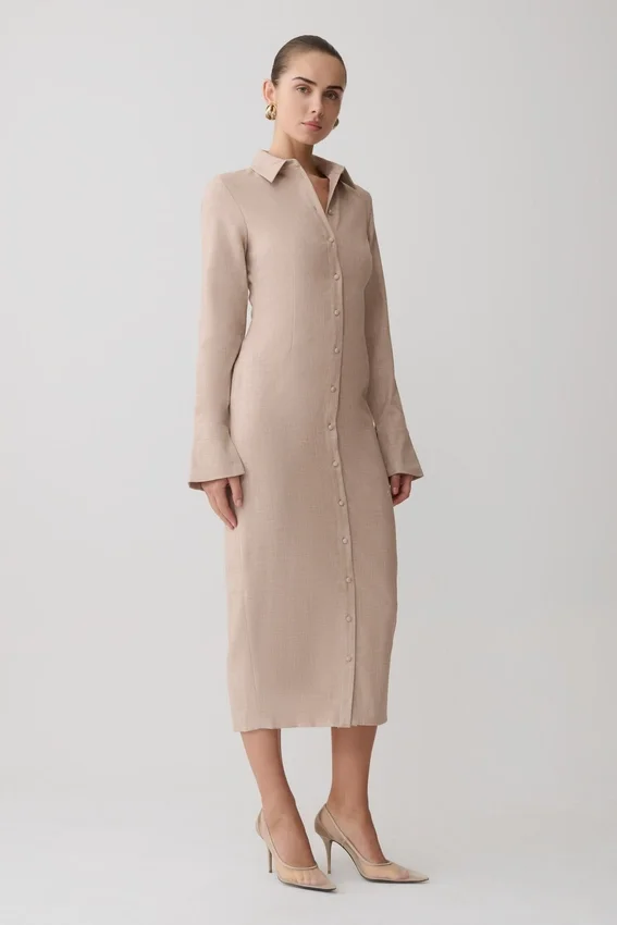 Dorian Fitted Shirt Midi Dress – Wheat Marle Dorian Fitted Shirt Midi Dress – Wheat Marle