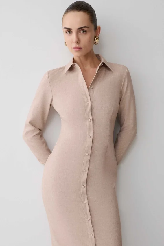 Dorian Fitted Shirt Midi Dress – Wheat Marle Dorian Fitted Shirt Midi Dress – Wheat Marle