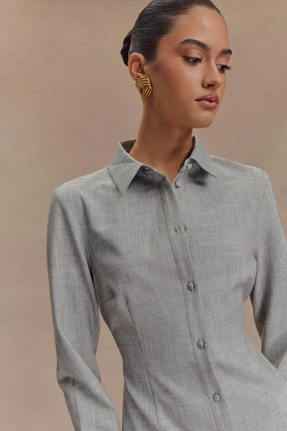 Dorian Fitted Shirt Mini Dress – Charcoal Marle Dorian Fitted Shirt Mini Dress – Charcoal Marle