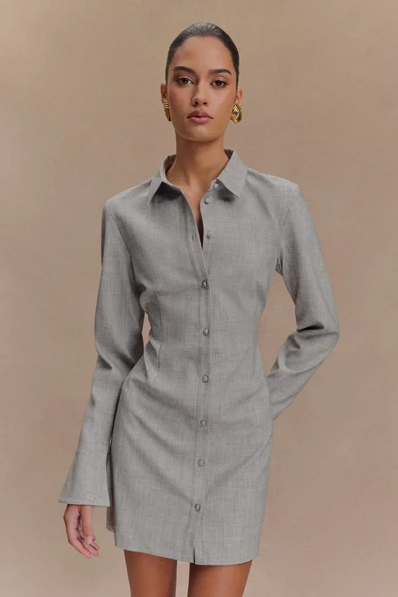 Dorian Fitted Shirt Mini Dress – Charcoal Marle Dorian Fitted Shirt Mini Dress – Charcoal Marle