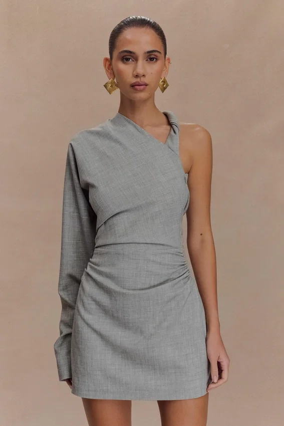 Dorian Twist Shoulder Mini Dress – Charcoal Marle Dorian Twist Shoulder Mini Dress – Charcoal Marle