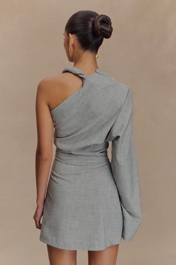 Dorian Twist Shoulder Mini Dress – Charcoal Marle Dorian Twist Shoulder Mini Dress – Charcoal Marle