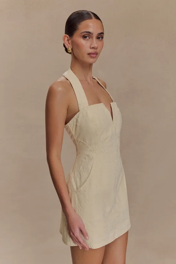 Ebony Embroidered Denim Mini Dress – Cream Ebony Embroidered Denim Mini Dress – Cream