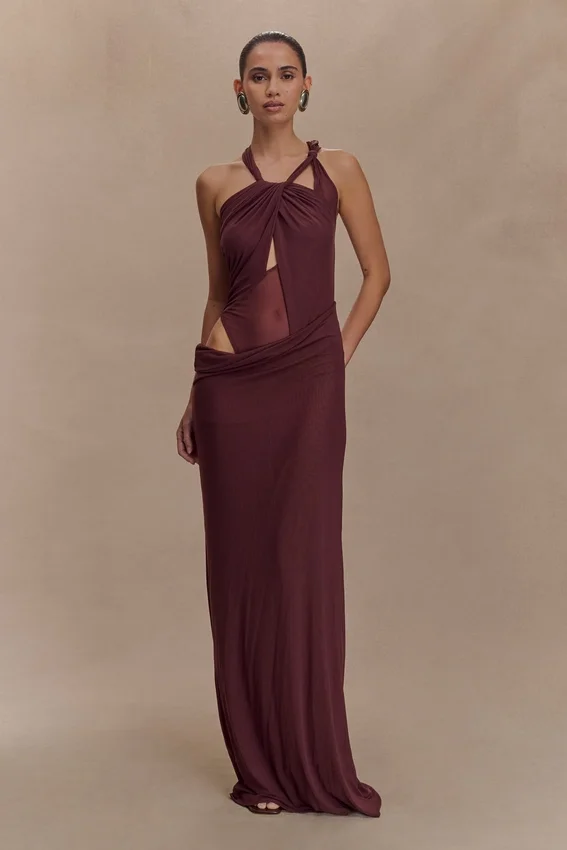 Edwina Knotted Mesh Maxi Dress – Mahogany Edwina Knotted Mesh Maxi Dress – Mahogany