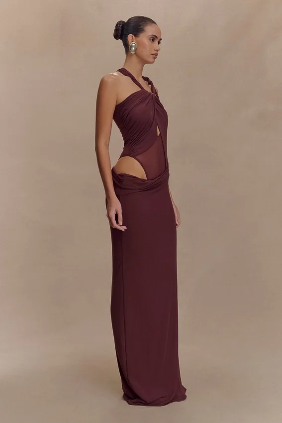 Edwina Knotted Mesh Maxi Dress – Mahogany Edwina Knotted Mesh Maxi Dress – Mahogany