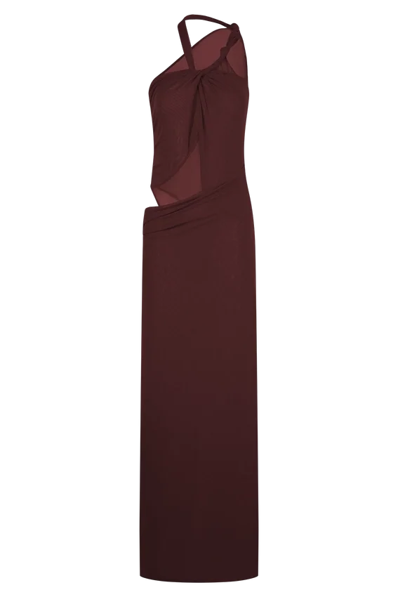 Edwina Knotted Mesh Maxi Dress – Mahogany Edwina Knotted Mesh Maxi Dress – Mahogany