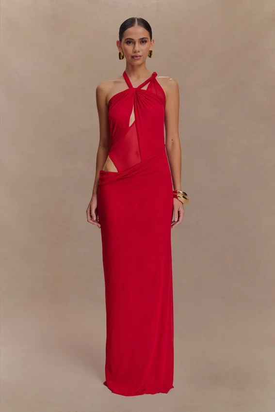 Edwina Knotted Mesh Maxi Dress – Red Edwina Knotted Mesh Maxi Dress – Red
