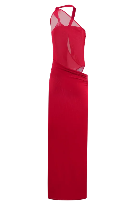 Edwina Knotted Mesh Maxi Dress – Red Edwina Knotted Mesh Maxi Dress – Red