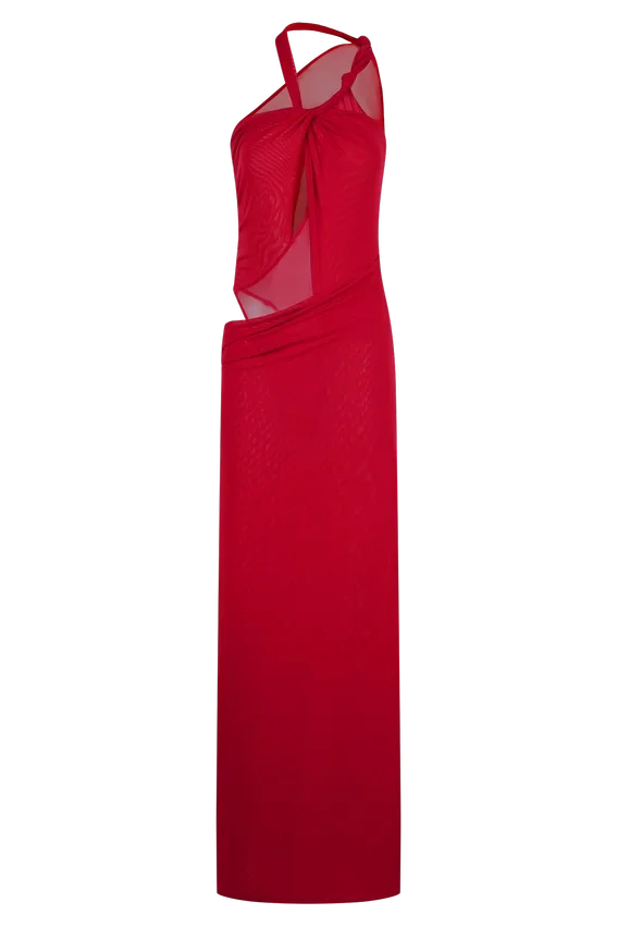 Edwina Knotted Mesh Maxi Dress – Red Edwina Knotted Mesh Maxi Dress – Red