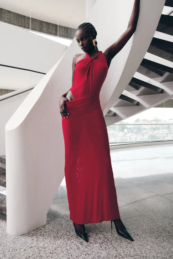 Edwina Knotted Mesh Maxi Dress – Red Edwina Knotted Mesh Maxi Dress – Red