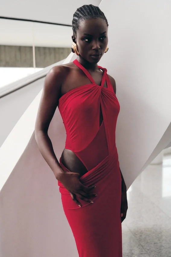 Edwina Knotted Mesh Maxi Dress – Red Edwina Knotted Mesh Maxi Dress – Red