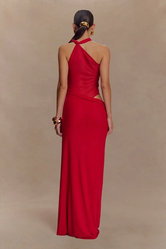 Edwina Knotted Mesh Maxi Dress – Red Edwina Knotted Mesh Maxi Dress – Red