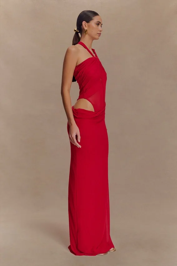 Edwina Knotted Mesh Maxi Dress – Red Edwina Knotted Mesh Maxi Dress – Red