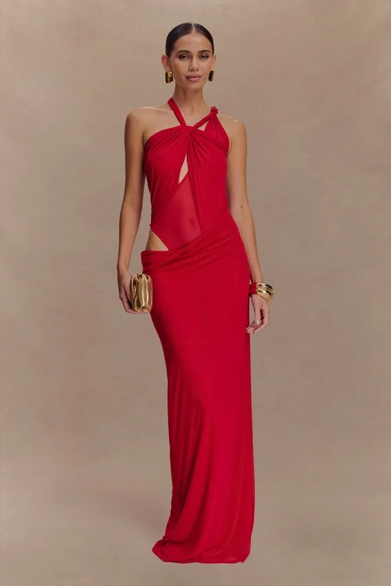 Edwina Knotted Mesh Maxi Dress – Red Edwina Knotted Mesh Maxi Dress – Red