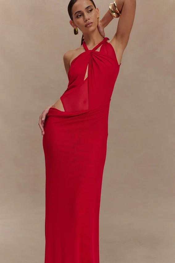 Edwina Knotted Mesh Maxi Dress – Red Edwina Knotted Mesh Maxi Dress – Red