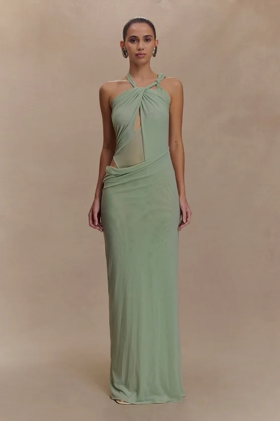 Edwina Knotted Mesh Maxi Dress – Sage Edwina Knotted Mesh Maxi Dress – Sage