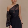 Effie Organza One Sleeve Mini Dress – Black