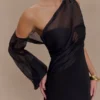 Effie Organza One Sleeve Mini Dress – Black