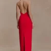 Elina Satin Necklace Maxi Dress – Red