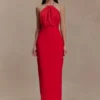Elina Satin Necklace Maxi Dress – Red