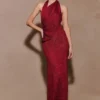 Elma Lurex Knit Halter Maxi Dress – Deep Red