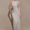 Elma Lurex Knit Halter Maxi Dress – Silver