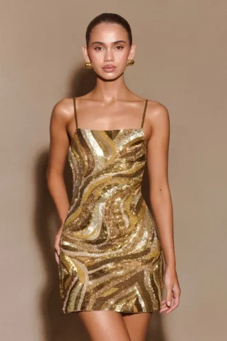 Eloise Hand Beaded Mini Dress – Gold Swirl Print