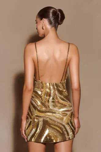 Eloise Hand Beaded Mini Dress – Gold Swirl Print