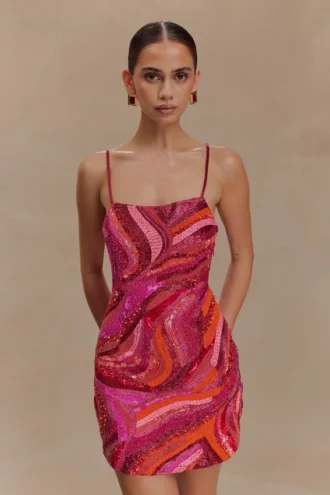 Eloise Hand Beaded Mini Dress – Pink Swirl Print