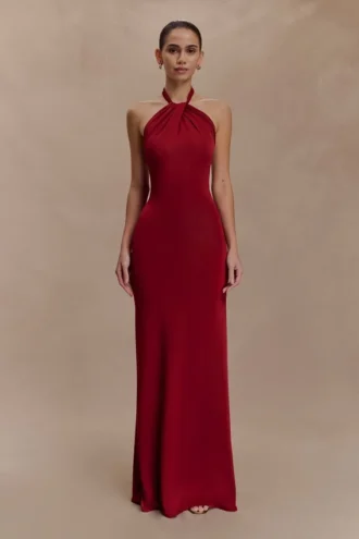 Elyna Slinky Halter Maxi Dress – Deep Red