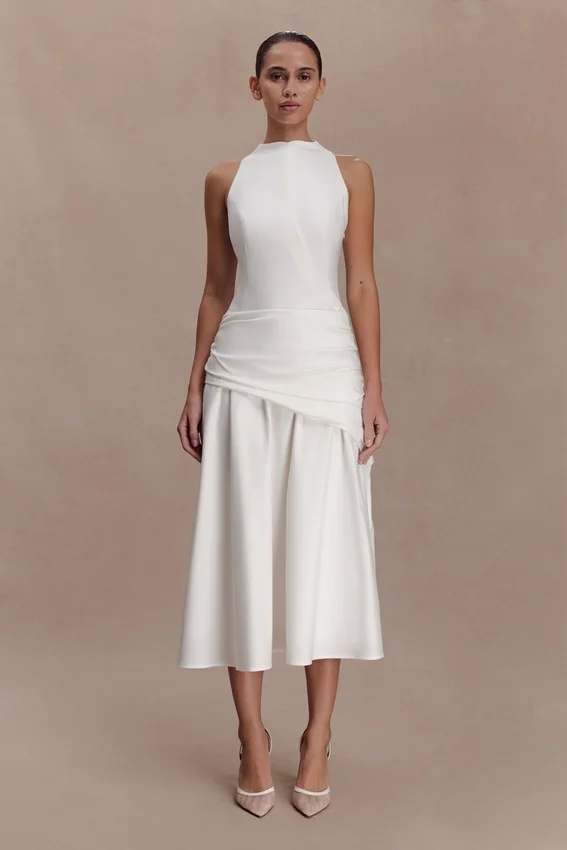 Emily Wrapped Waist Midi Dress – White Emily Wrapped Waist Midi Dress – White