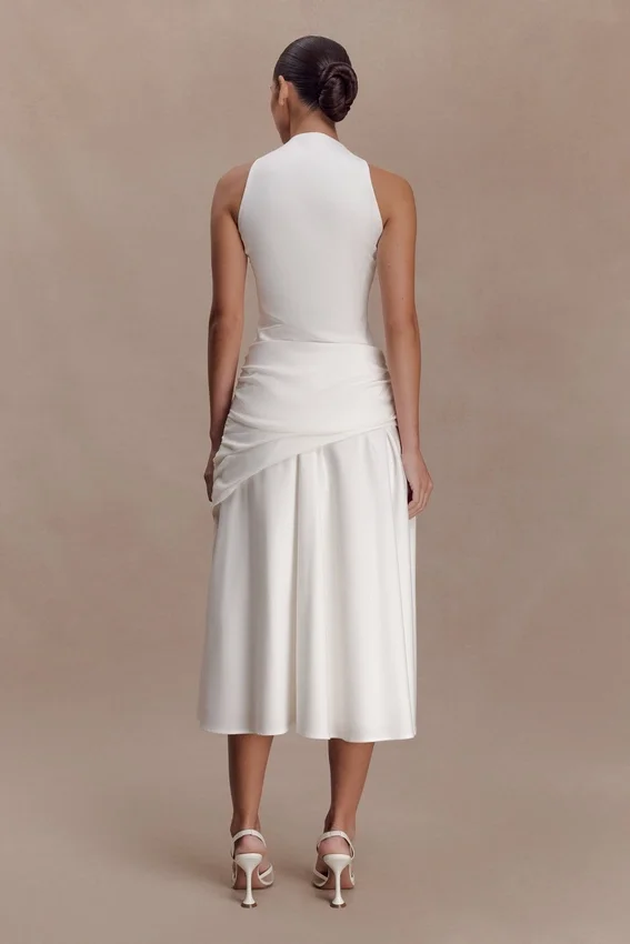 Emily Wrapped Waist Midi Dress – White Emily Wrapped Waist Midi Dress – White