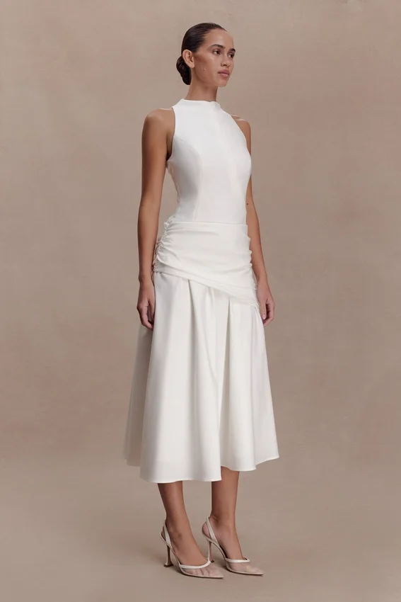 Emily Wrapped Waist Midi Dress – White Emily Wrapped Waist Midi Dress – White
