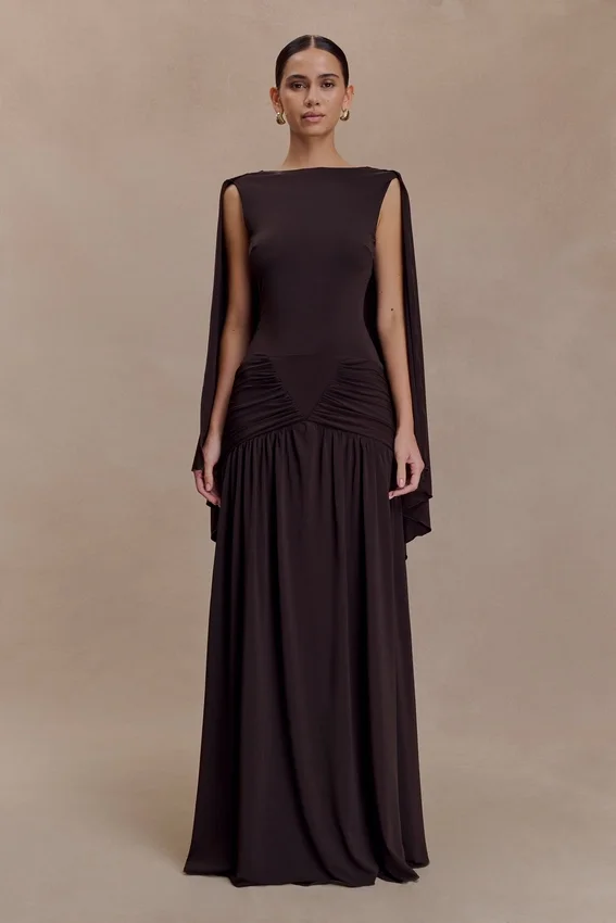 Emory Jersey Cape Maxi Dress – Chocolate Emory Jersey Cape Maxi Dress – Chocolate