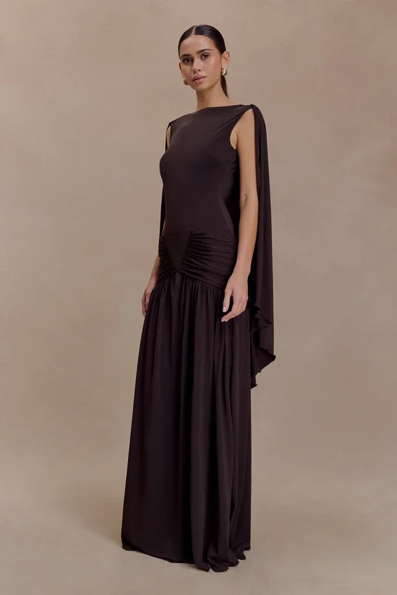 Emory Jersey Cape Maxi Dress – Chocolate Emory Jersey Cape Maxi Dress – Chocolate