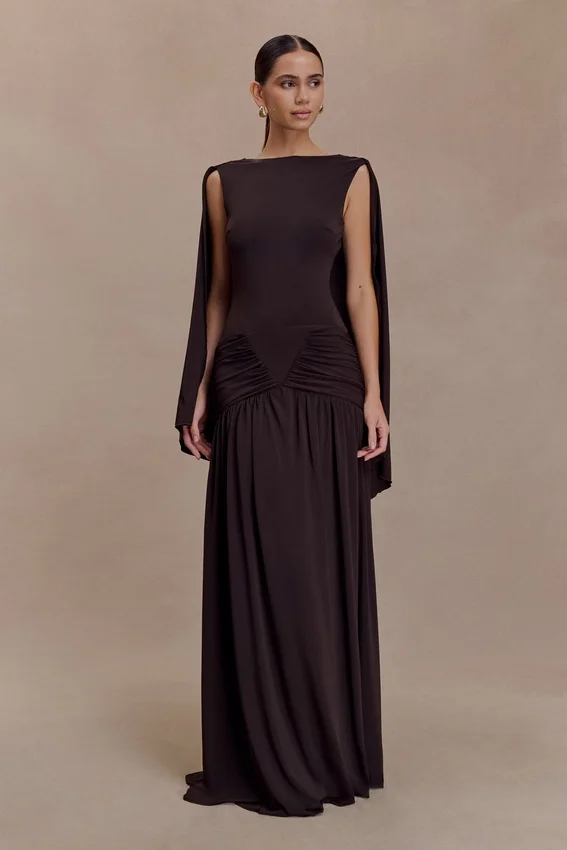 Emory Jersey Cape Maxi Dress – Chocolate Emory Jersey Cape Maxi Dress – Chocolate