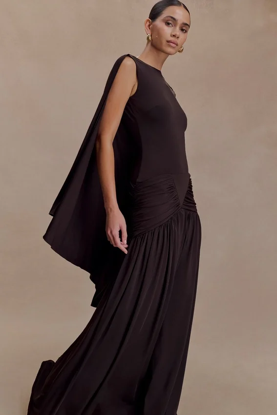 Emory Jersey Cape Maxi Dress – Chocolate Emory Jersey Cape Maxi Dress – Chocolate