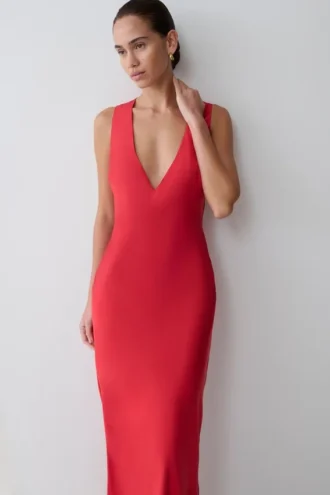 Esme Plunge Satin Maxi Dress – Red