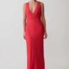 Esme Plunge Satin Maxi Dress – Red