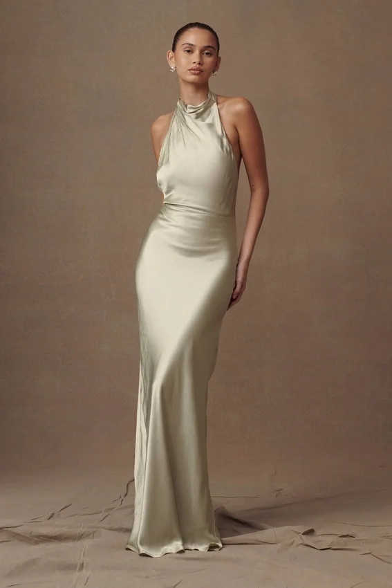 Esther Iridescent Satin Cowl Maxi Dress – Sage Esther Iridescent Satin Cowl Maxi Dress – Sage
