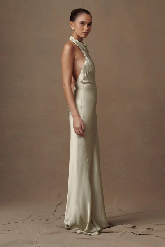 Esther Iridescent Satin Cowl Maxi Dress – Sage Esther Iridescent Satin Cowl Maxi Dress – Sage