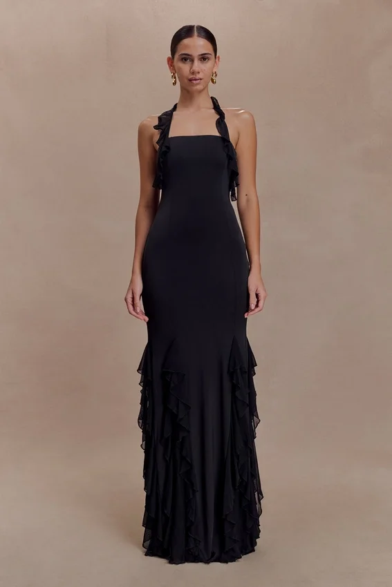 Etta Ruffle Slinky Maxi Dress – Black Etta Ruffle Slinky Maxi Dress – Black