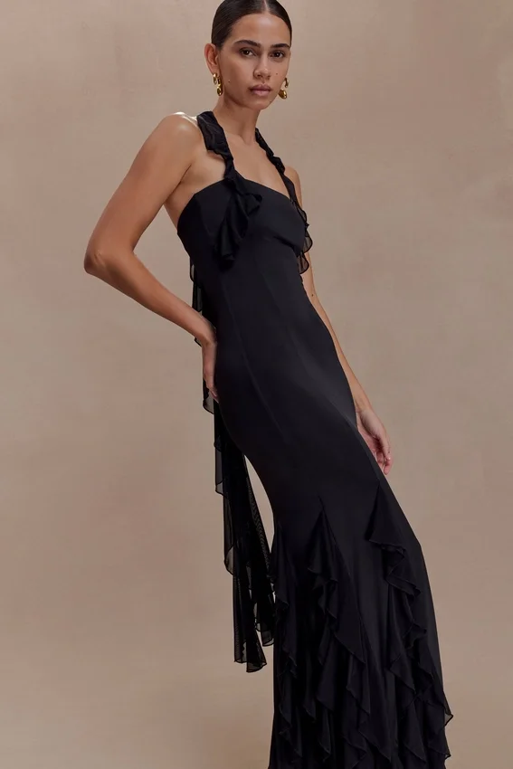 Etta Ruffle Slinky Maxi Dress – Black Etta Ruffle Slinky Maxi Dress – Black