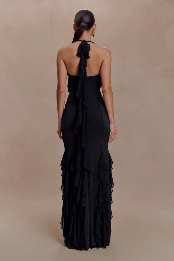 Etta Ruffle Slinky Maxi Dress – Black Etta Ruffle Slinky Maxi Dress – Black