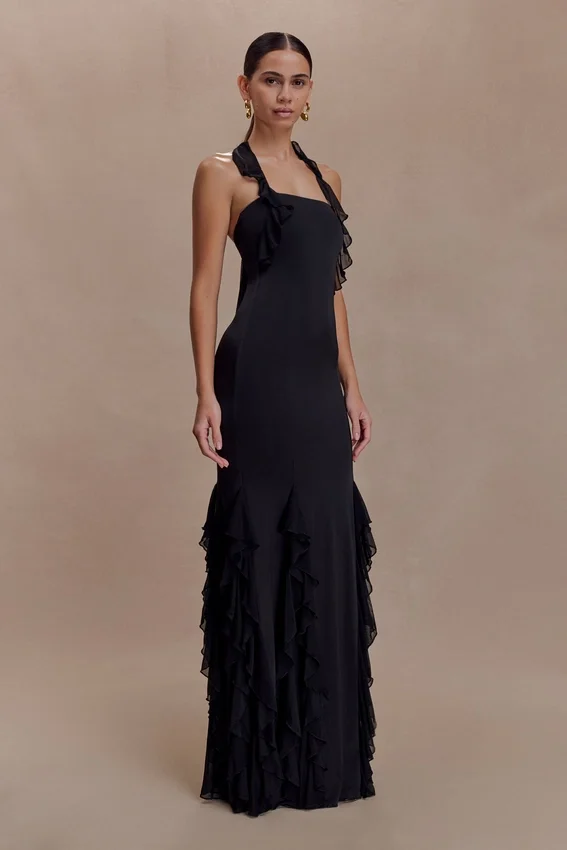 Etta Ruffle Slinky Maxi Dress – Black Etta Ruffle Slinky Maxi Dress – Black