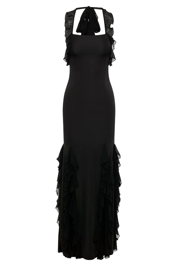 Etta Ruffle Slinky Maxi Dress – Black Etta Ruffle Slinky Maxi Dress – Black