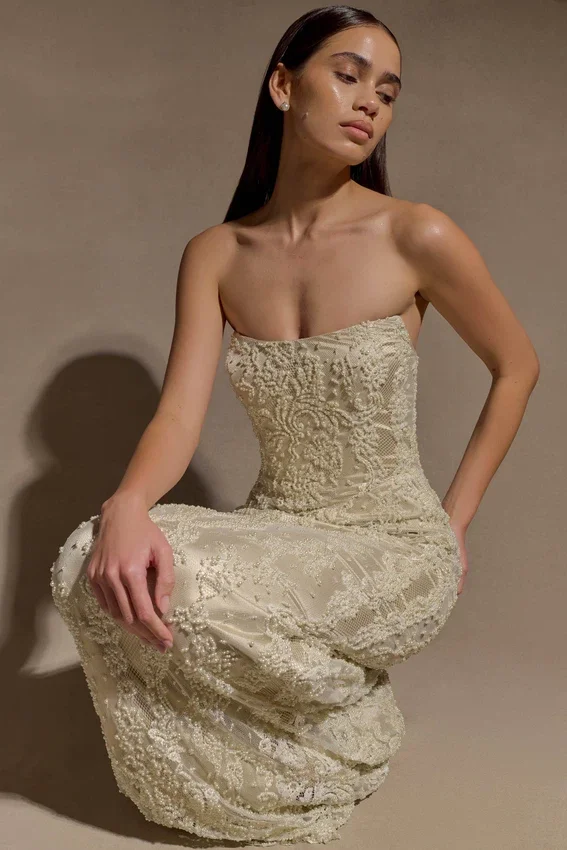 Eva Hand Beaded Pearl & Lace Maxi Dress – White Eva Hand Beaded Pearl & Lace Maxi Dress – White