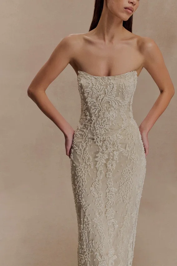 Eva Hand Beaded Pearl & Lace Maxi Dress – White Eva Hand Beaded Pearl & Lace Maxi Dress – White